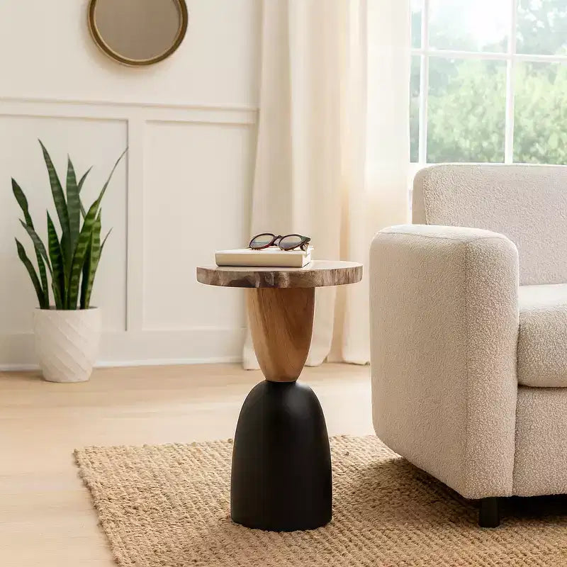 Modern End Table, Side Table, or Small Night Stand for Home Decor - Round Petrified Wood Bedside Table for Home, Bedroom, or Room - 20 Brown & Black