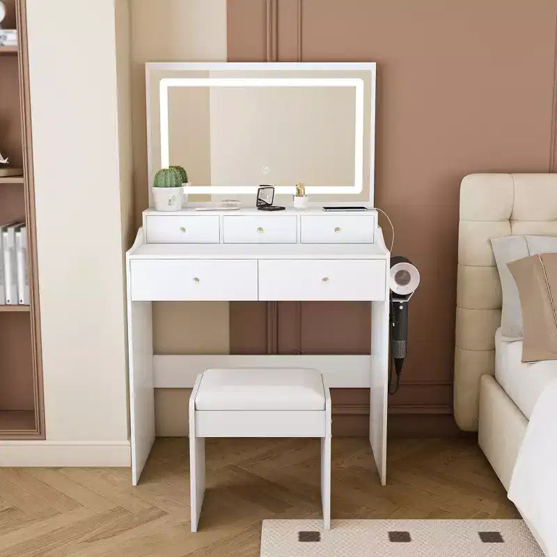 Large Mirror Vanity Desk with Power Outlet, 5 Drawers, 3 Lighting Modes, White