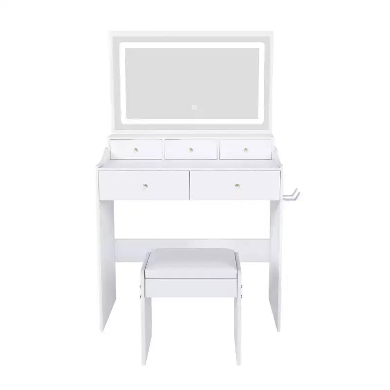 Coiffeuse avec grand miroir, prise électrique, 5 tiroirs, 3 modes d'éclairage, blanche