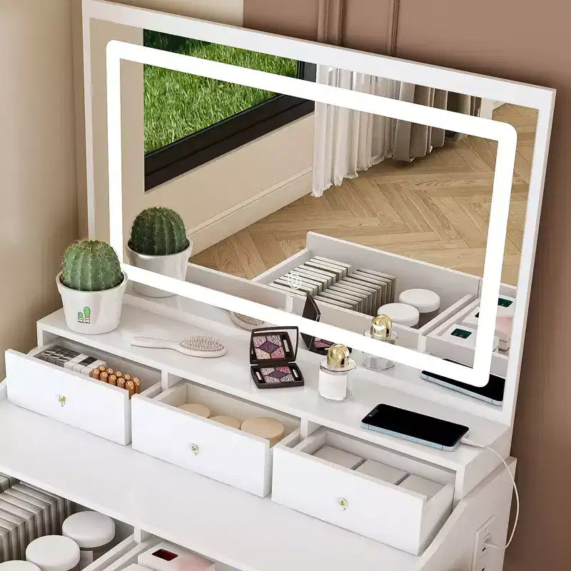 Coiffeuse avec grand miroir, prise électrique, 5 tiroirs, 3 modes d'éclairage, blanche