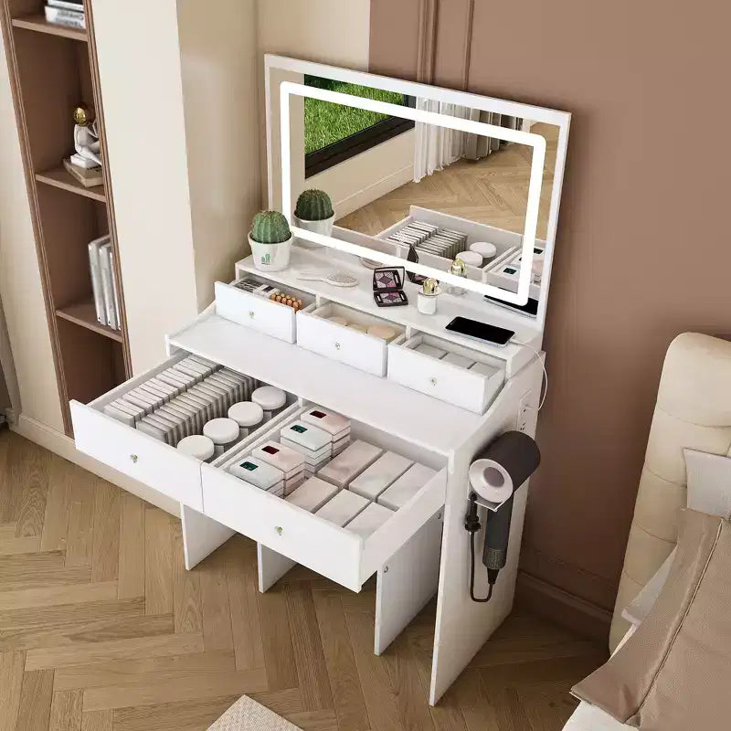 Coiffeuse avec grand miroir, prise électrique, 5 tiroirs, 3 modes d'éclairage, blanche