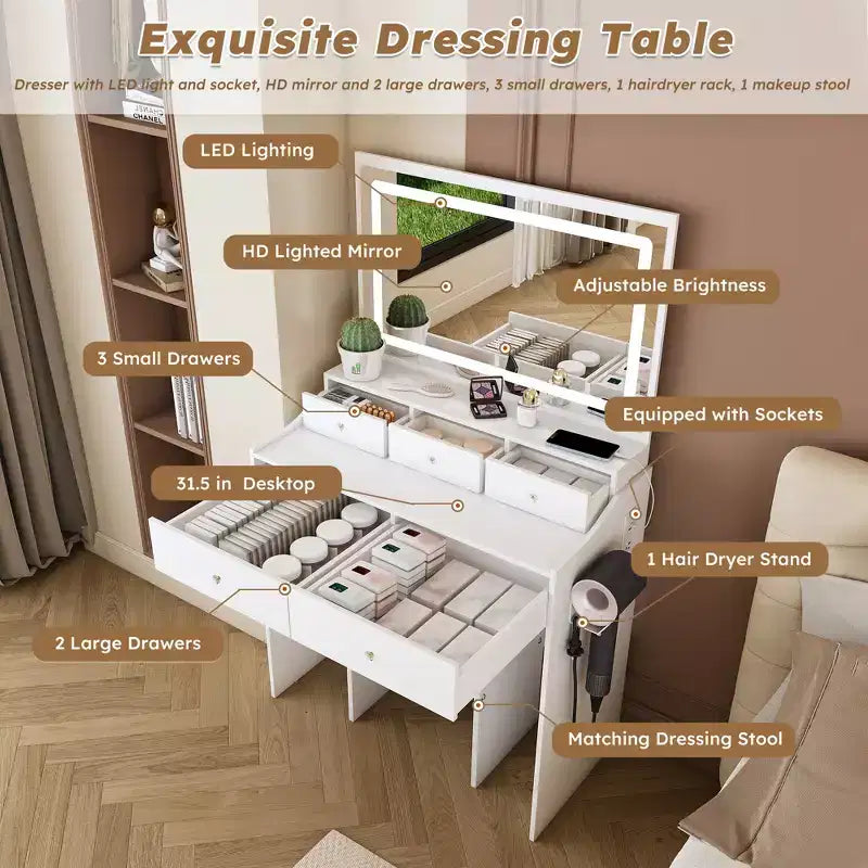 Coiffeuse avec grand miroir, prise électrique, 5 tiroirs, 3 modes d'éclairage, blanche