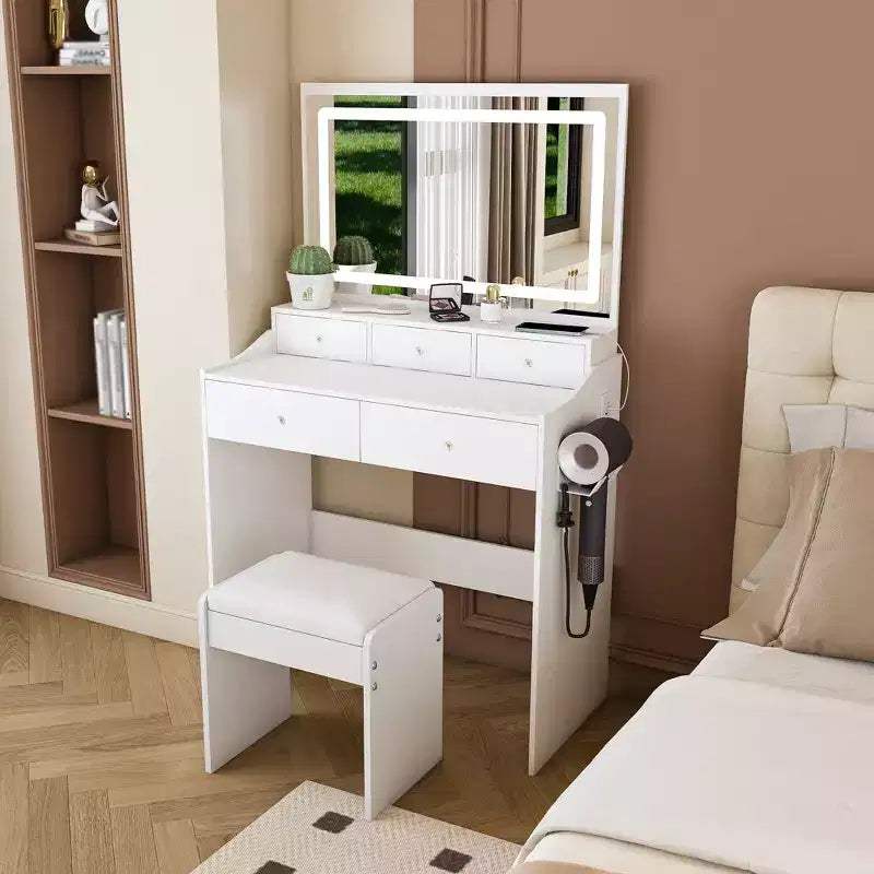 Coiffeuse avec grand miroir, prise électrique, 5 tiroirs, 3 modes d'éclairage, blanche