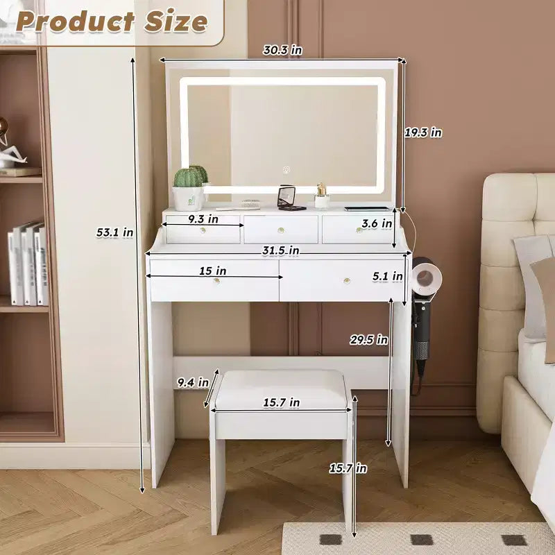 Coiffeuse avec grand miroir, prise électrique, 5 tiroirs, 3 modes d'éclairage, blanche