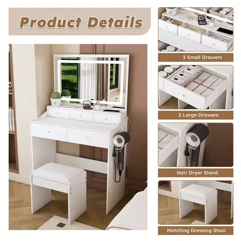 Coiffeuse avec grand miroir, prise électrique, 5 tiroirs, 3 modes d'éclairage, blanche