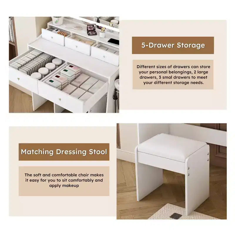 Coiffeuse avec grand miroir, prise électrique, 5 tiroirs, 3 modes d'éclairage, blanche