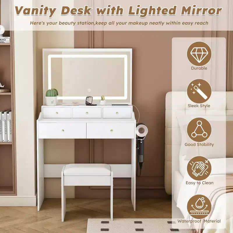 Coiffeuse avec grand miroir, prise électrique, 5 tiroirs, 3 modes d'éclairage, blanche
