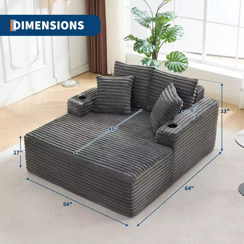 Chaise longue d'intérieur 64 po, canapé-lit sans armature en velours côtelé avec 2 oreillers et 2 porte-gobelets, aucun assemblage requis, canapé-lit profond