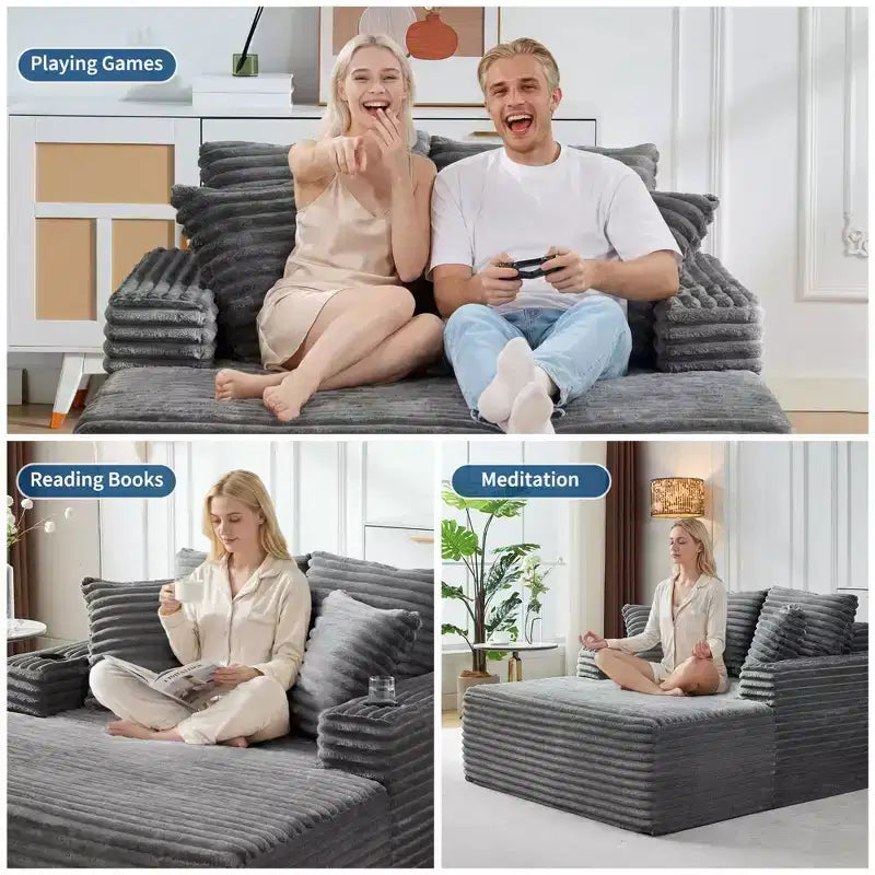 Chaise longue d'intérieur 64 po, canapé-lit sans armature en velours côtelé avec 2 oreillers et 2 porte-gobelets, aucun assemblage requis, canapé-lit profond