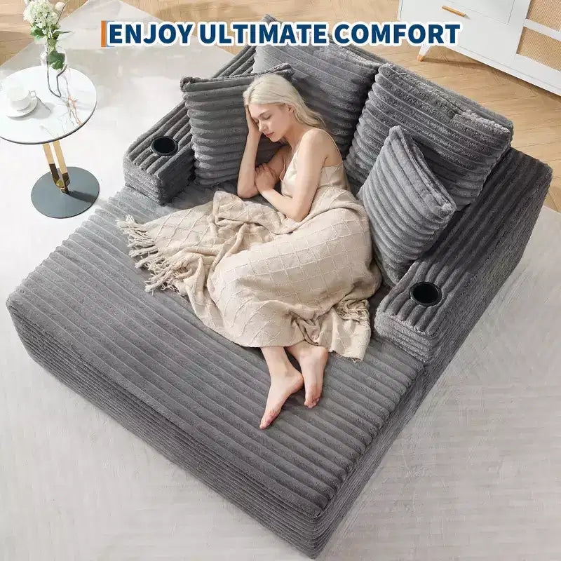 Chaise longue d'intérieur 64 po, canapé-lit sans armature en velours côtelé avec 2 oreillers et 2 porte-gobelets, aucun assemblage requis, canapé-lit profond