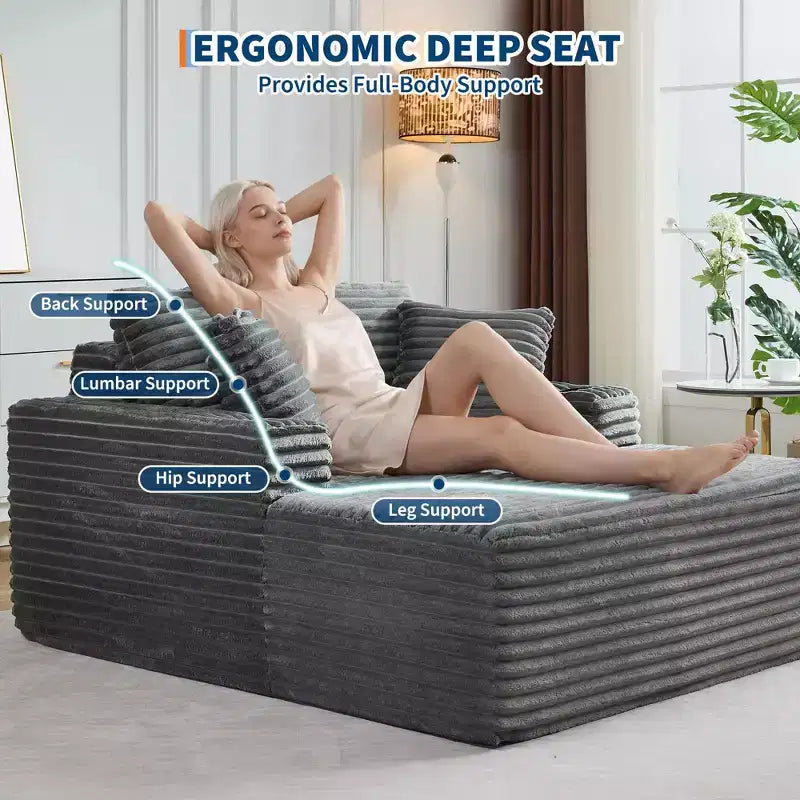 Chaise longue d'intérieur 64 po, canapé-lit sans armature en velours côtelé avec 2 oreillers et 2 porte-gobelets, aucun assemblage requis, canapé-lit profond