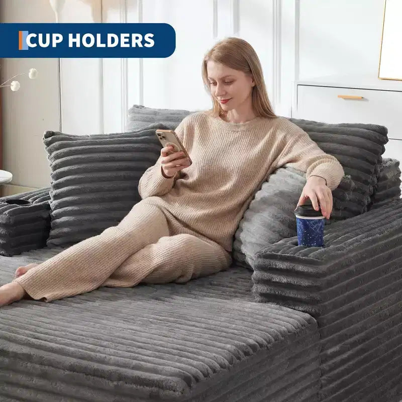 Chaise longue d'intérieur 64 po, canapé-lit sans armature en velours côtelé avec 2 oreillers et 2 porte-gobelets, aucun assemblage requis, canapé-lit profond