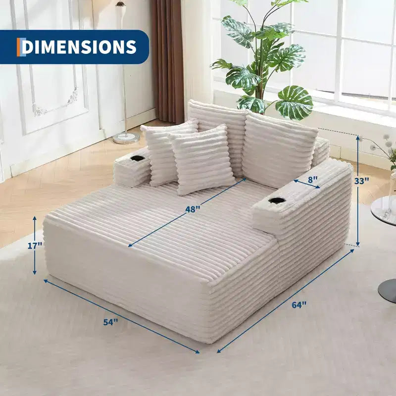 Chaise longue d'intérieur 64 po, canapé-lit sans armature en velours côtelé avec 2 oreillers et 2 porte-gobelets, aucun assemblage requis, canapé-lit profond