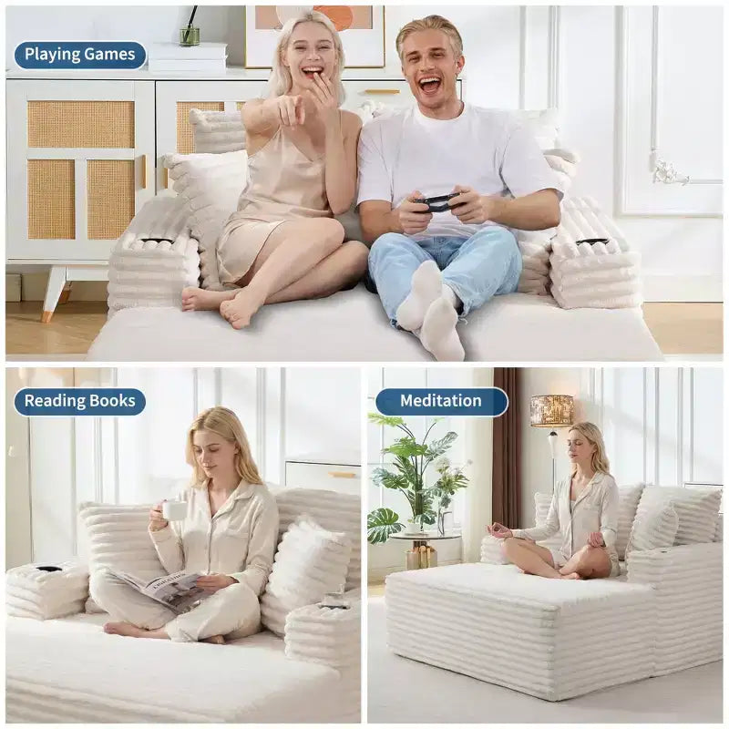 Chaise longue d'intérieur 64 po, canapé-lit sans armature en velours côtelé avec 2 oreillers et 2 porte-gobelets, aucun assemblage requis, canapé-lit profond