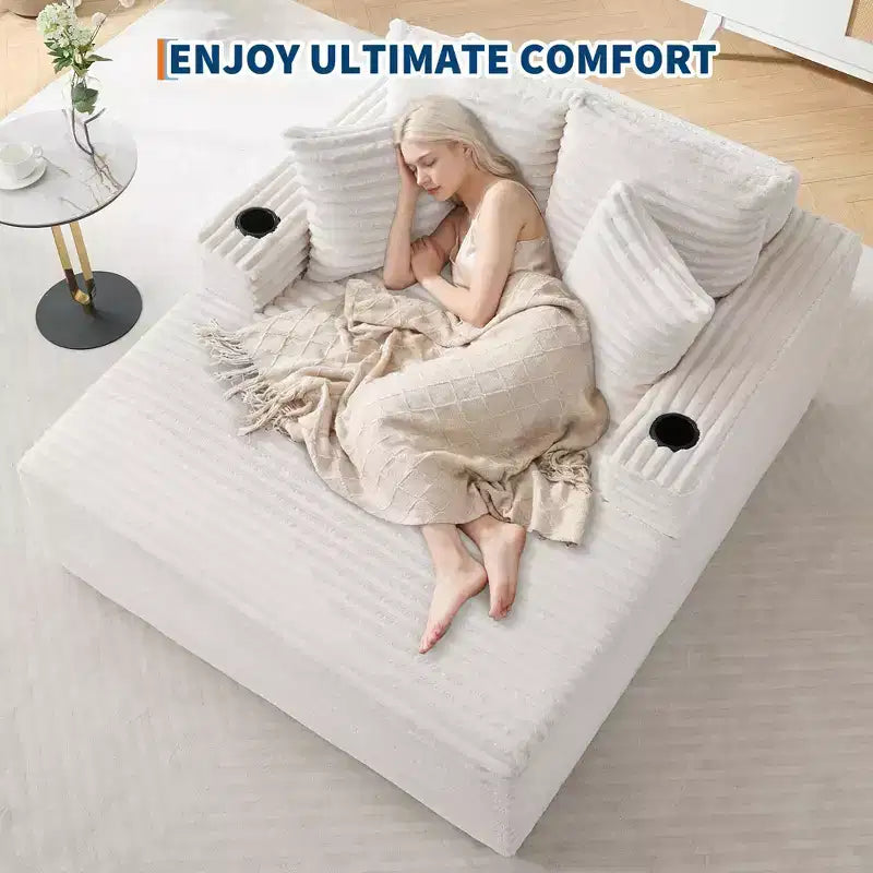 Chaise longue d'intérieur 64 po, canapé-lit sans armature en velours côtelé avec 2 oreillers et 2 porte-gobelets, aucun assemblage requis, canapé-lit profond