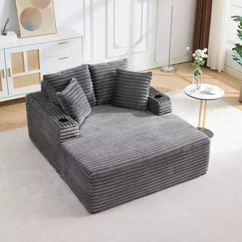 Chaise longue d'intérieur 64 po, canapé-lit sans armature en velours côtelé avec 2 oreillers et 2 porte-gobelets, aucun assemblage requis, canapé-lit profond