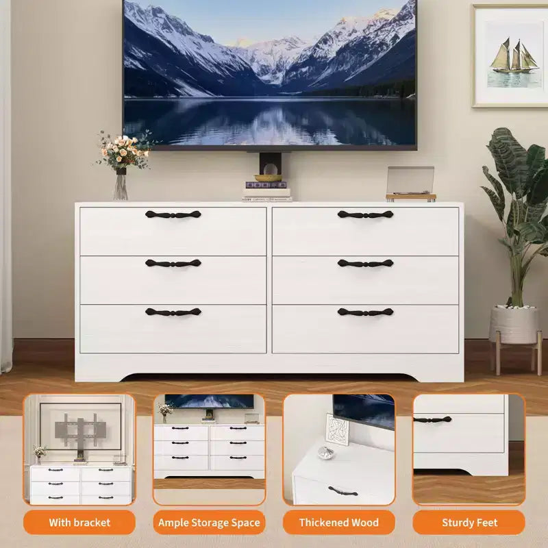 Meuble TV moderne de 63 pouces avec support pour téléviseur de 75 pouces, console multimédia réglable à 6 tiroirs, centre de divertissement en MDF pour salon, chambre à coucher
