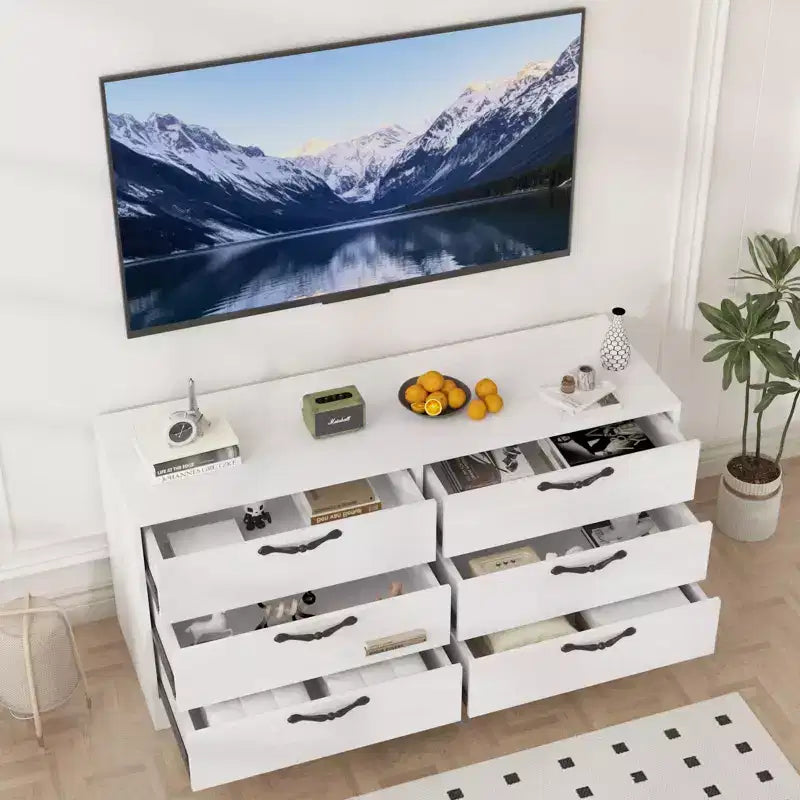 Meuble TV moderne de 63 pouces avec support pour téléviseur de 75 pouces, console multimédia réglable à 6 tiroirs, centre de divertissement en MDF pour salon, chambre à coucher