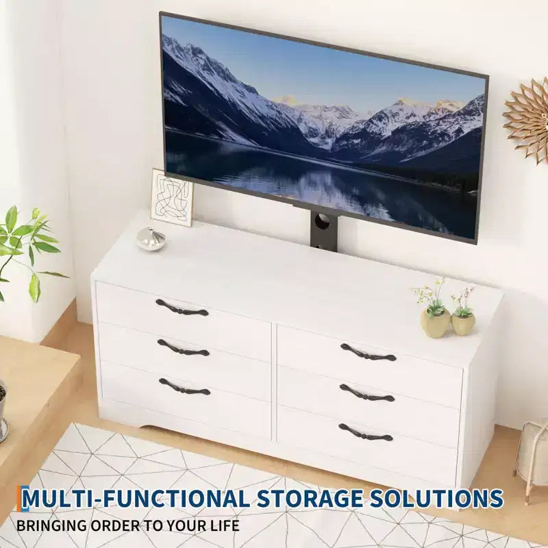 Meuble TV moderne de 63 pouces avec support pour téléviseur de 75 pouces, console multimédia réglable à 6 tiroirs, centre de divertissement en MDF pour salon, chambre à coucher