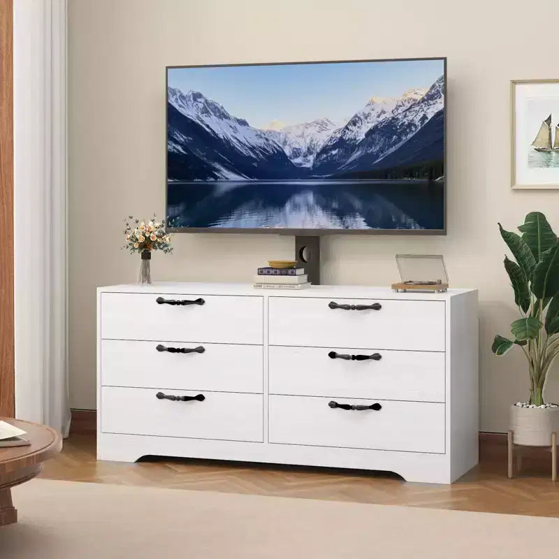 Meuble TV moderne de 63 pouces avec support pour téléviseur de 75 pouces, console multimédia réglable à 6 tiroirs, centre de divertissement en MDF pour salon, chambre à coucher