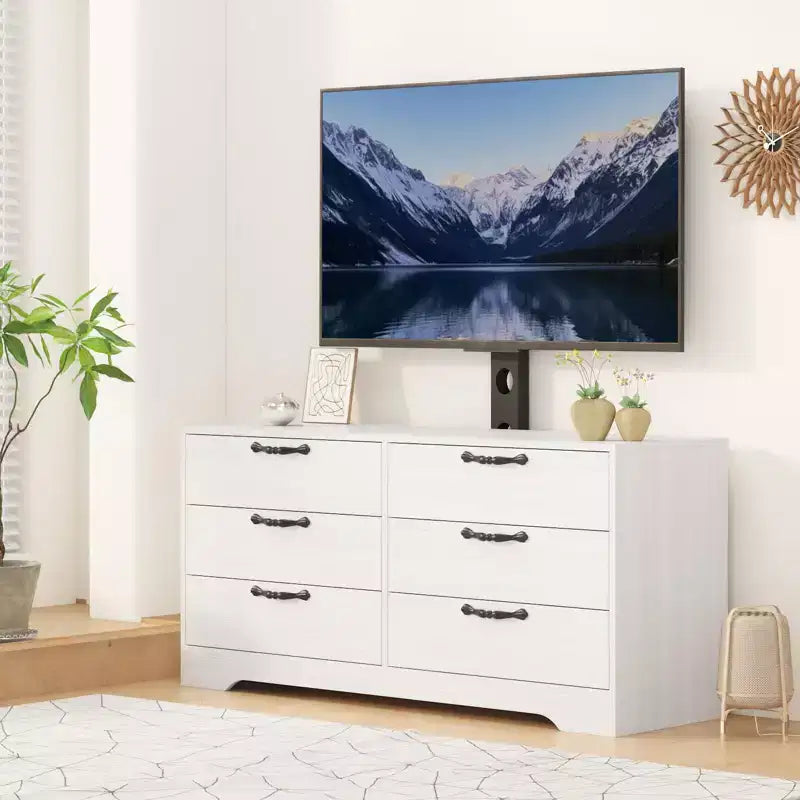 Meuble TV moderne de 63 pouces avec support pour téléviseur de 75 pouces, console multimédia réglable à 6 tiroirs, centre de divertissement en MDF pour salon, chambre à coucher