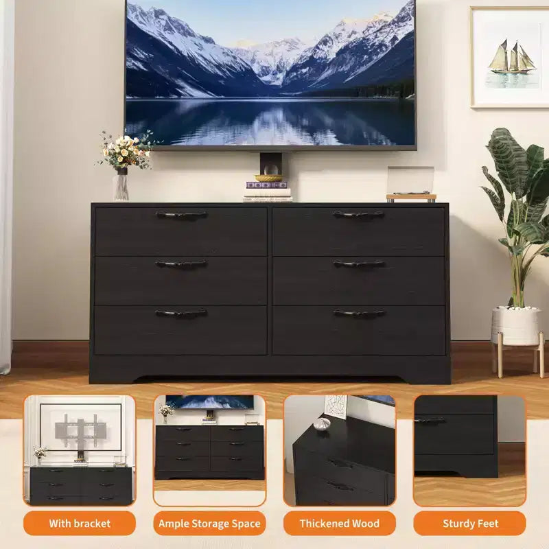 Meuble TV moderne de 63 pouces avec support pour téléviseur de 75 pouces, console multimédia réglable à 6 tiroirs, centre de divertissement en MDF pour salon, chambre à coucher