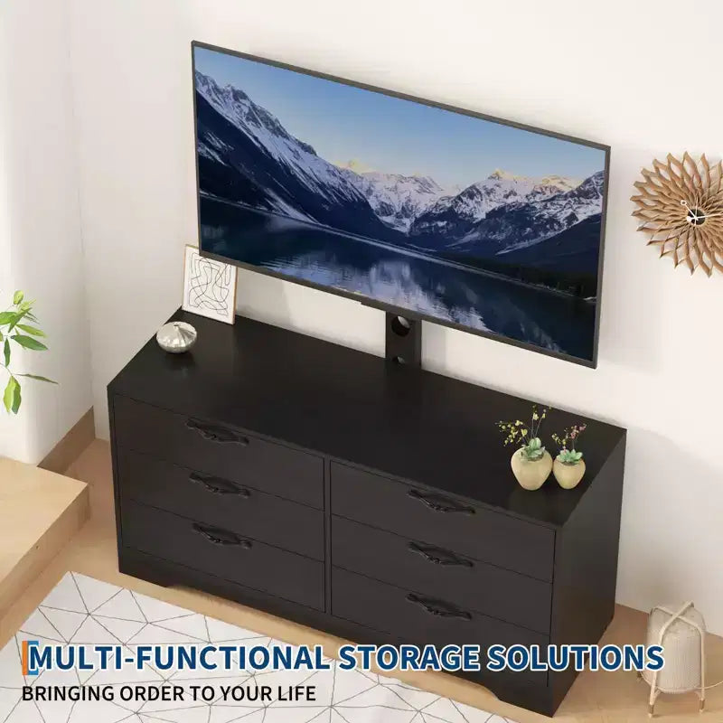 Meuble TV moderne de 63 pouces avec support pour téléviseur de 75 pouces, console multimédia réglable à 6 tiroirs, centre de divertissement en MDF pour salon, chambre à coucher