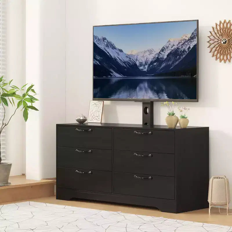 Meuble TV moderne de 63 pouces avec support pour téléviseur de 75 pouces, console multimédia réglable à 6 tiroirs, centre de divertissement en MDF pour salon, chambre à coucher
