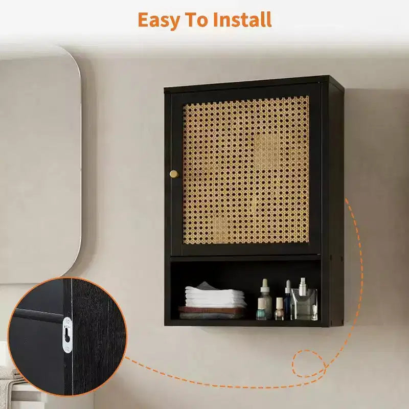 Armoire murale, meuble de rangement au-dessus des toilettes en bambou avec portes en rotin et étagère réglable, pour salon