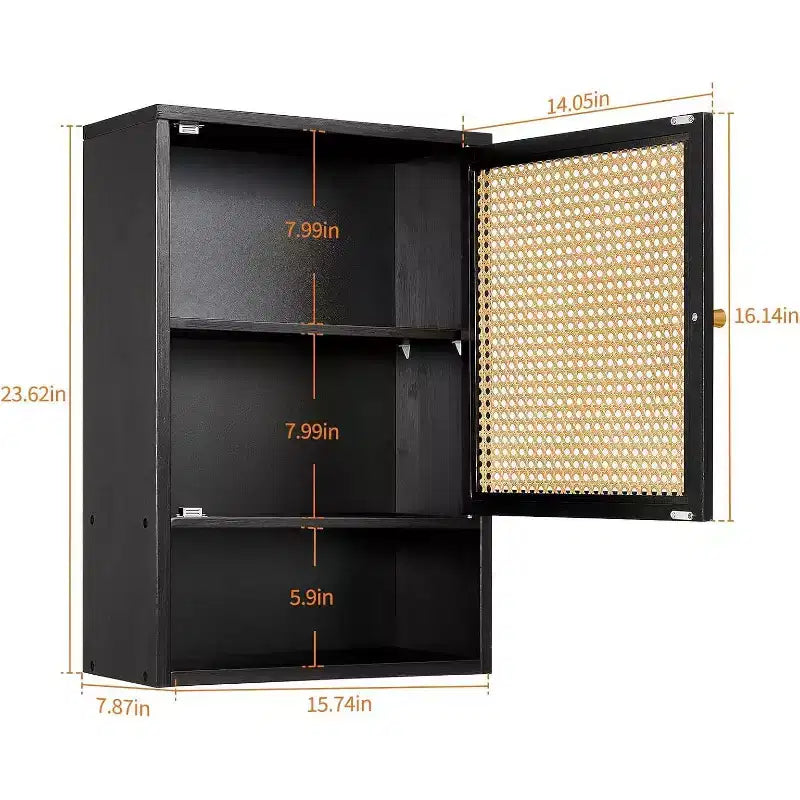 Armoire murale, meuble de rangement au-dessus des toilettes en bambou avec portes en rotin et étagère réglable, pour salon