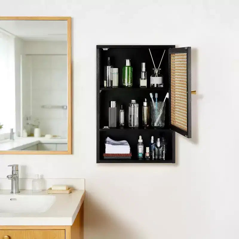 Armoire murale, meuble de rangement au-dessus des toilettes en bambou avec portes en rotin et étagère réglable, pour salon