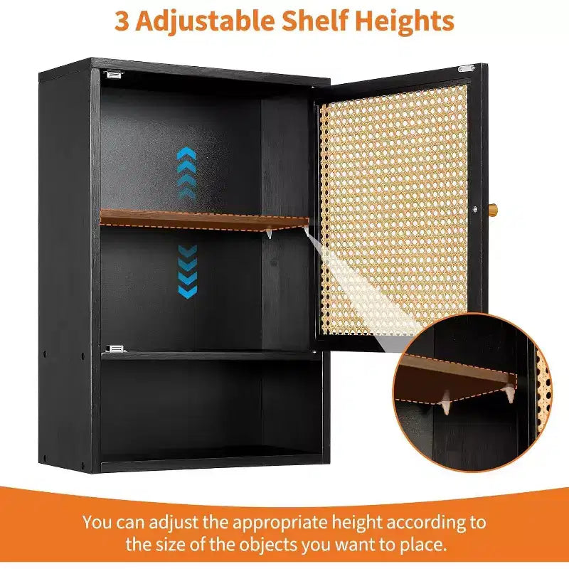 Armoire murale, meuble de rangement au-dessus des toilettes en bambou avec portes en rotin et étagère réglable, pour salon