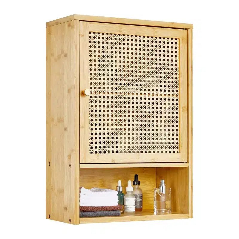Armoire murale, meuble de rangement au-dessus des toilettes en bambou avec portes en rotin et étagère réglable, pour salon