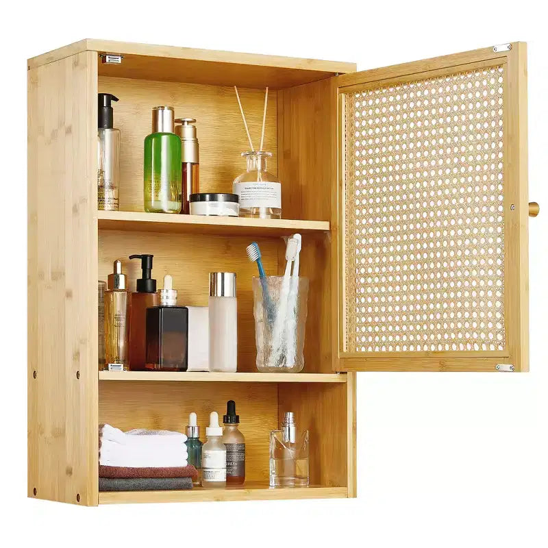 Armoire murale, meuble de rangement au-dessus des toilettes en bambou avec portes en rotin et étagère réglable, pour salon