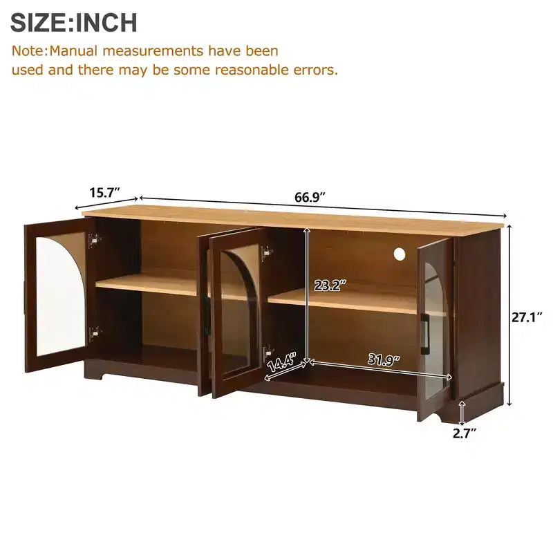 Console TV de style champêtre avec portes en verre semi-cintrées, peut accueillir des téléviseurs jusqu'à 70", buffet en grain de bois avec, Noyer réglable