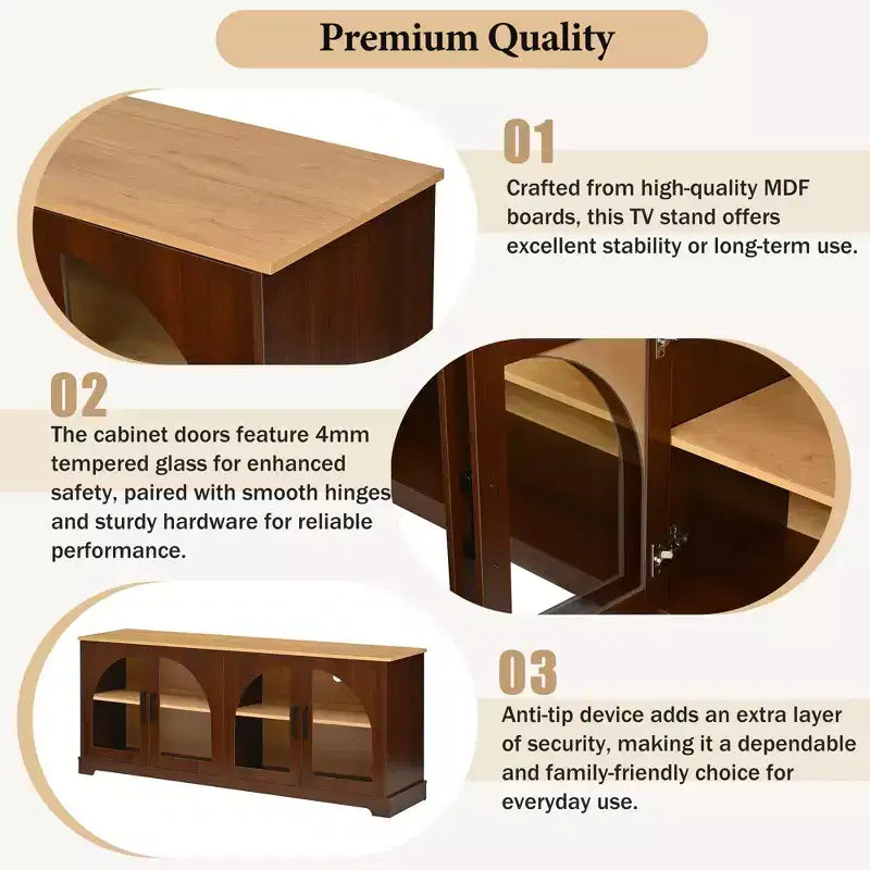 Console TV de style champêtre avec portes en verre semi-cintrées, peut accueillir des téléviseurs jusqu'à 70", buffet en grain de bois avec, Noyer réglable