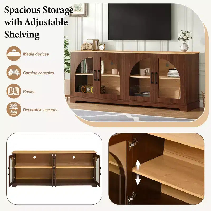 Console TV de style champêtre avec portes en verre semi-cintrées, peut accueillir des téléviseurs jusqu'à 70", buffet en grain de bois avec, Noyer réglable