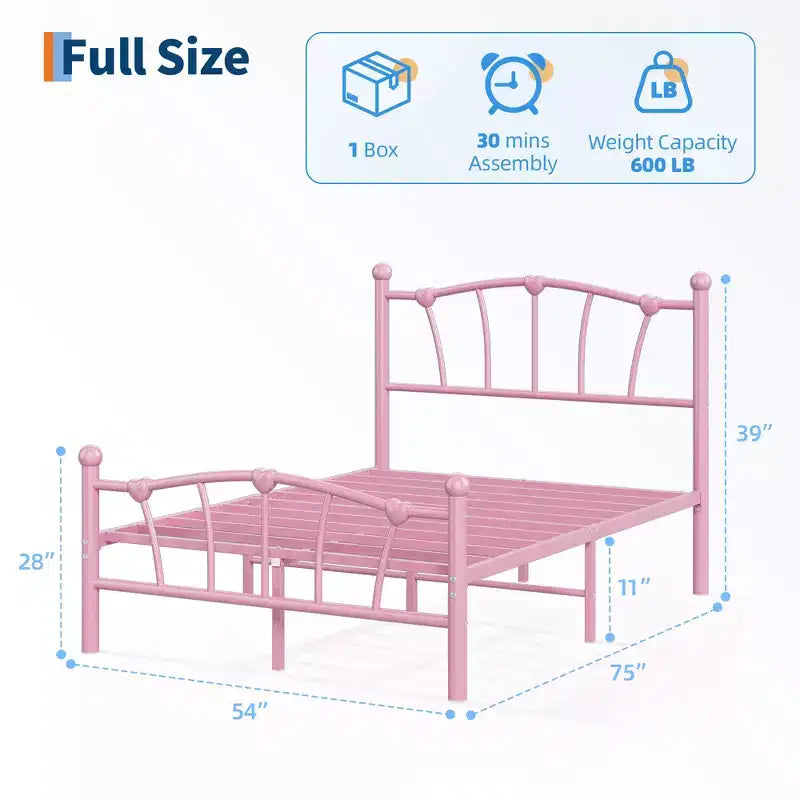 Cadre de lit en métal en forme de cœur avec tête de lit et pied de lit - Support à lattes solide, espace de rangement sous le lit pour chambre à coucher