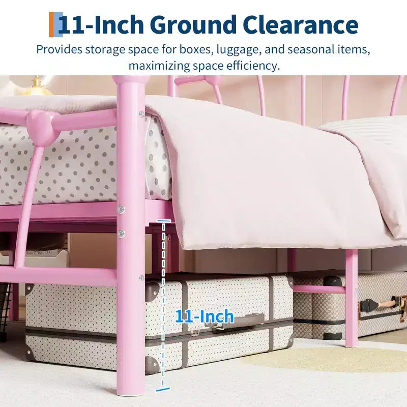Cadre de lit en métal en forme de cœur avec tête de lit et pied de lit - Support à lattes solide, espace de rangement sous le lit pour chambre à coucher