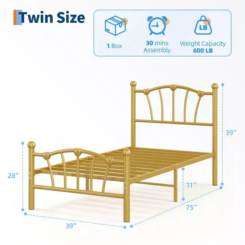 Cadre de lit en métal en forme de cœur avec tête de lit et pied de lit - Support à lattes solide, espace de rangement sous le lit pour chambre à coucher