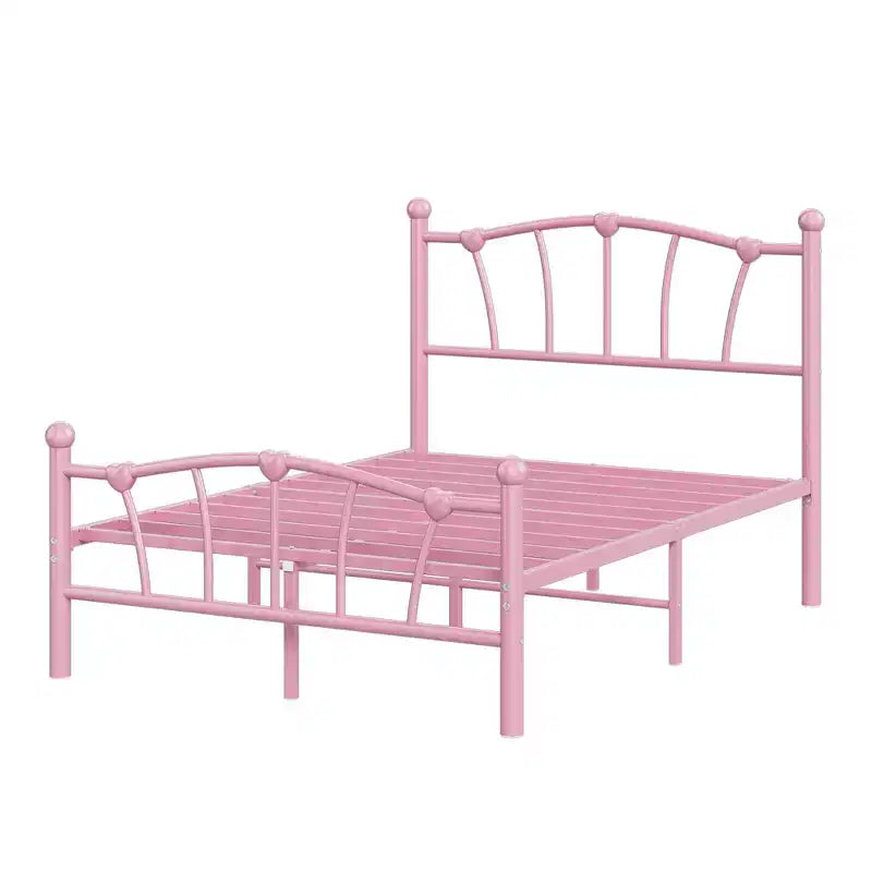 Cadre de lit en métal en forme de cœur avec tête de lit et pied de lit - Support à lattes solide, espace de rangement sous le lit pour chambre à coucher