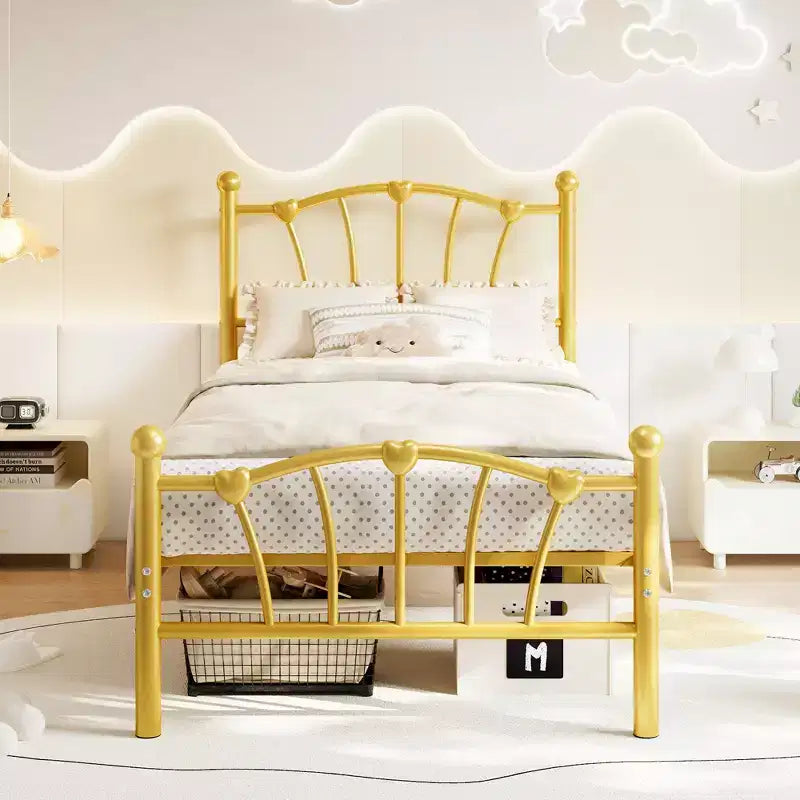 Cadre de lit en métal en forme de cœur avec tête de lit et pied de lit - Support à lattes solide, espace de rangement sous le lit pour chambre à coucher