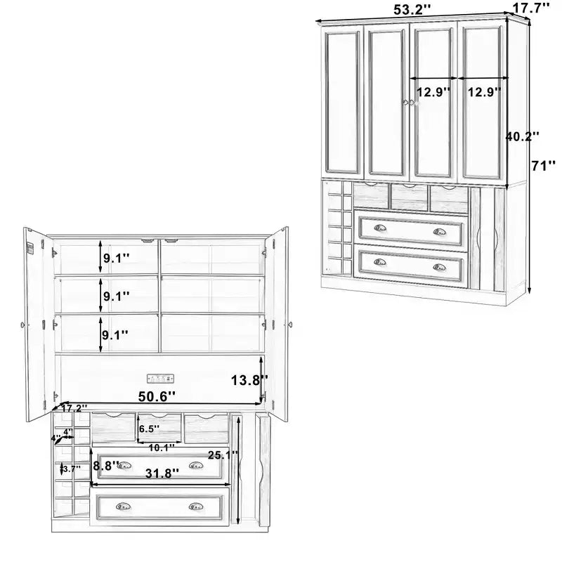 Buffet de salle à manger haut de 180 cm avec 4 portes pliantes et casiers à vin