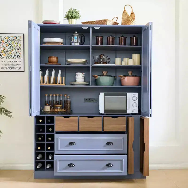 Buffet de salle à manger haut de 180 cm avec 4 portes pliantes et casiers à vin