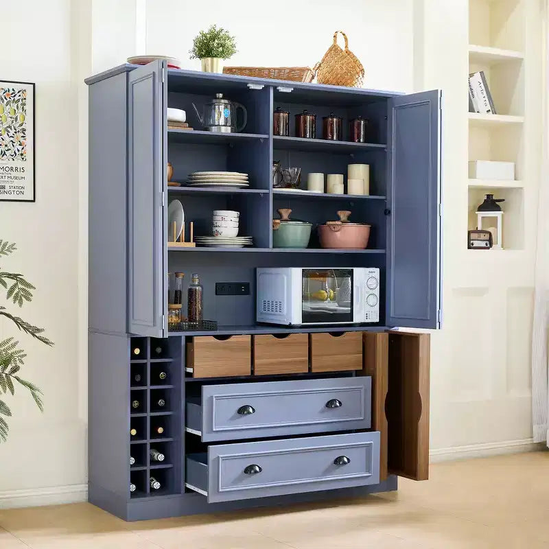 Buffet de salle à manger haut de 180 cm avec 4 portes pliantes et casiers à vin