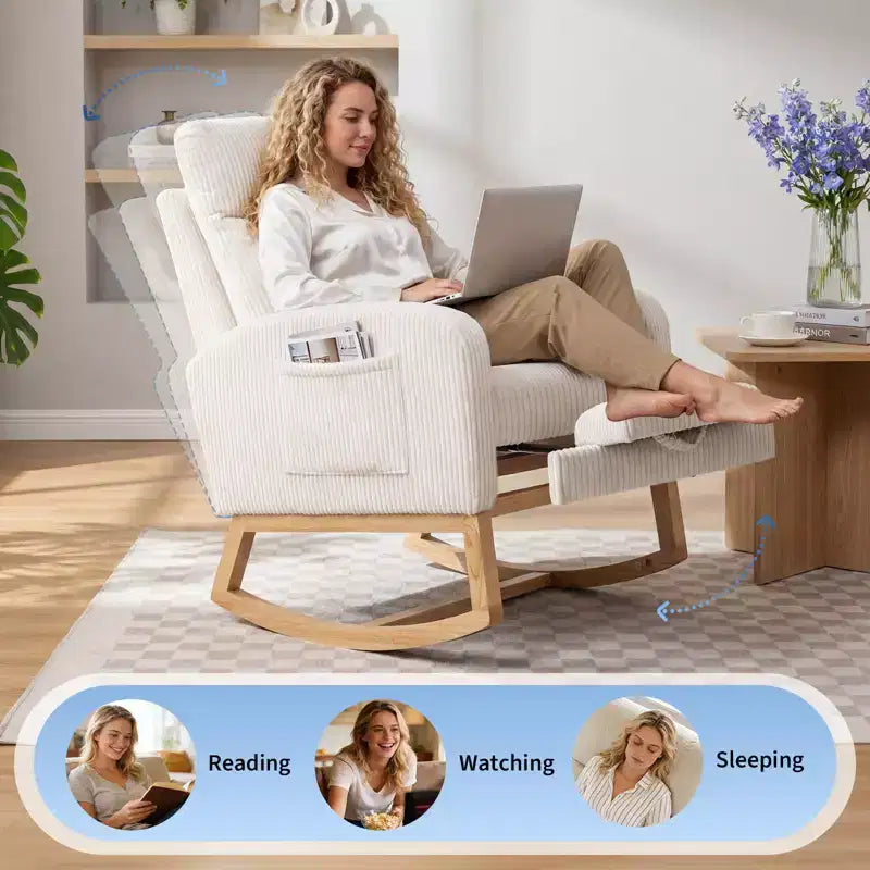 Fauteuil à bascule de puériculture, fauteuil à bascule d'allaitement avec repose-pieds, fauteuil à bascule inclinable confortable avec poche latérale, pour salon, chambre à coucher