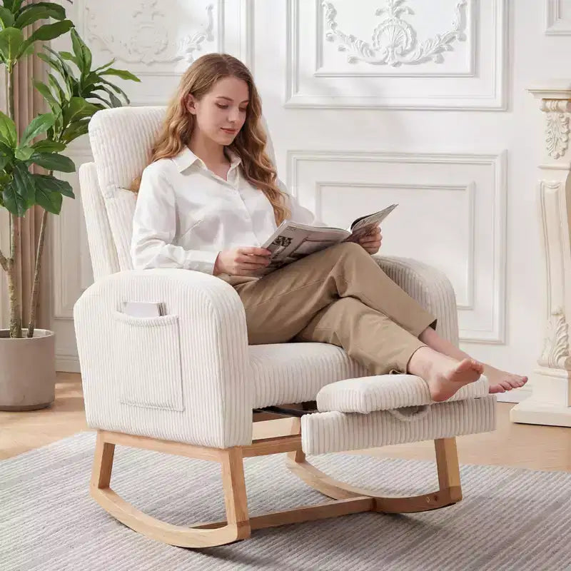 Fauteuil à bascule de puériculture, fauteuil à bascule d'allaitement avec repose-pieds, fauteuil à bascule inclinable confortable avec poche latérale, pour salon, chambre à coucher