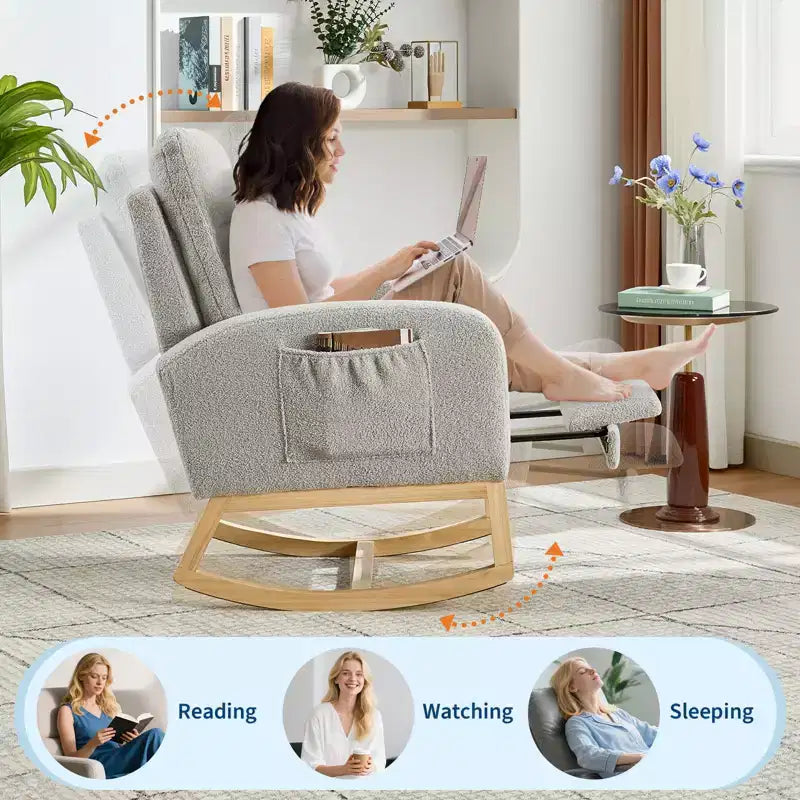 Fauteuil à bascule de puériculture, fauteuil à bascule d'allaitement avec repose-pieds, fauteuil à bascule inclinable confortable avec poche latérale, pour salon, chambre à coucher
