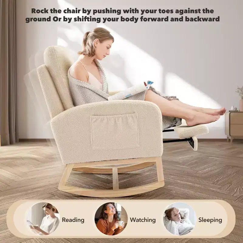 Fauteuil à bascule de puériculture, fauteuil à bascule d'allaitement avec repose-pieds, fauteuil à bascule inclinable confortable avec poche latérale, pour salon, chambre à coucher