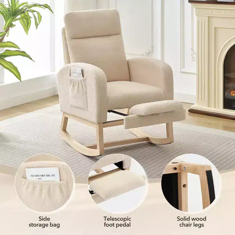 Fauteuil à bascule de puériculture, fauteuil à bascule d'allaitement avec repose-pieds, fauteuil à bascule inclinable confortable avec poche latérale, pour salon, chambre à coucher